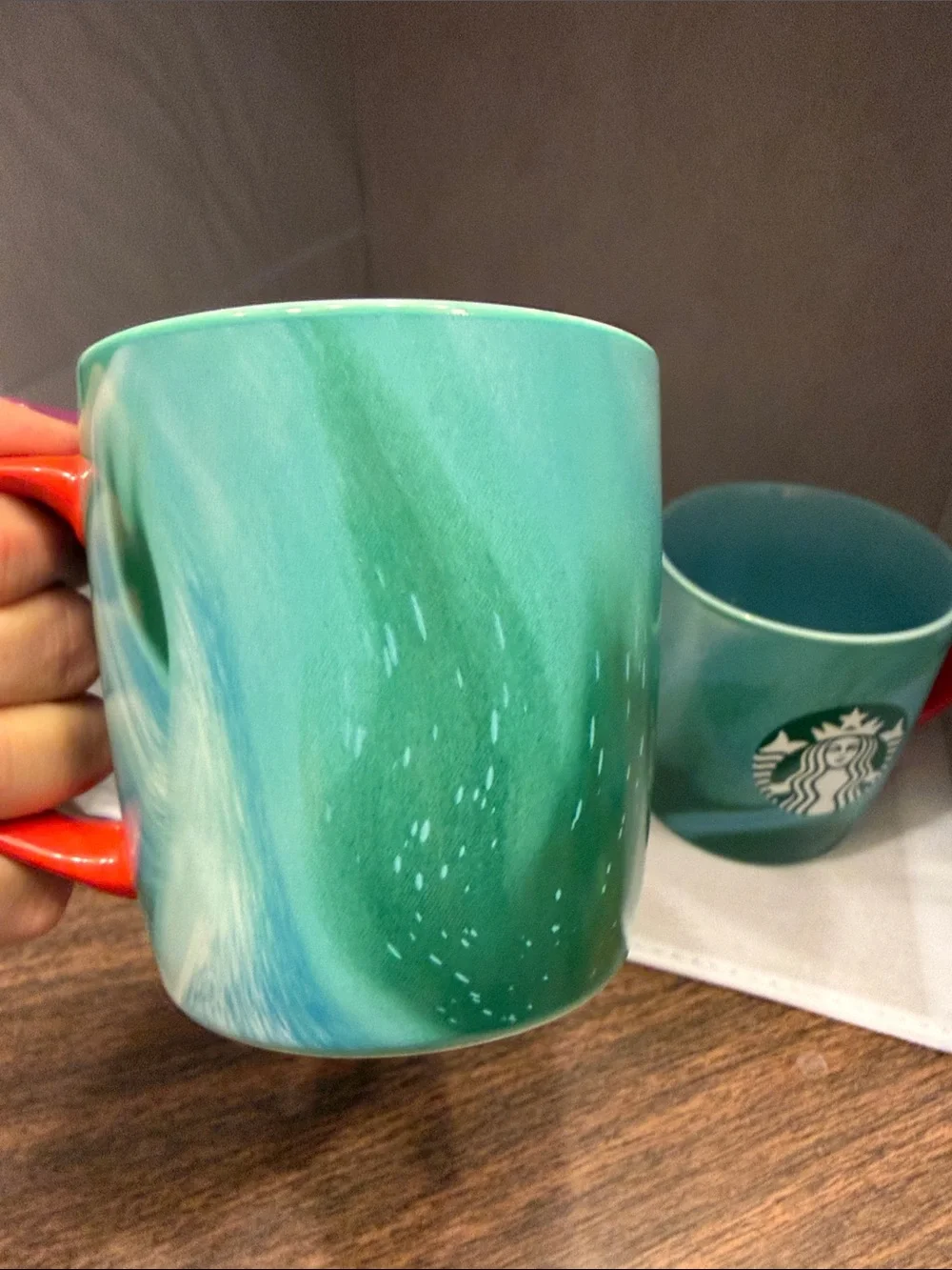 Starbucks Teal Ombre Ceramic Mugs with Red Accent Handle (Pair)